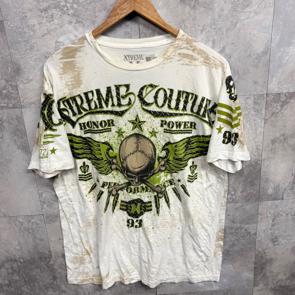 Xtreme Couture Mens XL Skull Graphic T-Shirt White Green MMA Y2K Biker